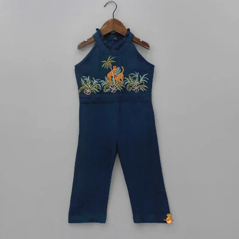 Super Bargain Blue Embroidered Yoke Jumpsuit