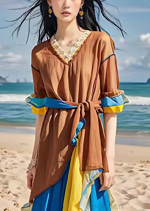 Clearance Sale trendy bodycon dressFrench Coffee Lace Up Chiffon Patchwork Long Dresses Summer Clearance Sale trendy bodycon dressFrench Coffee Lace Up Chiffon Patchwork Long Dresses Summer