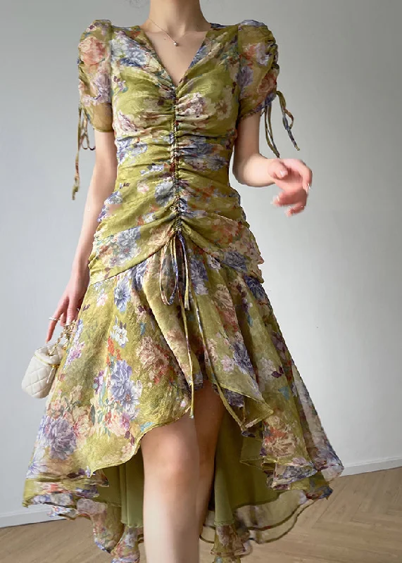 Exclusive Savings long sleeve dressSlim Fit V Neck Zippered Print Drawstring Chiffon Dress Short Sleeve