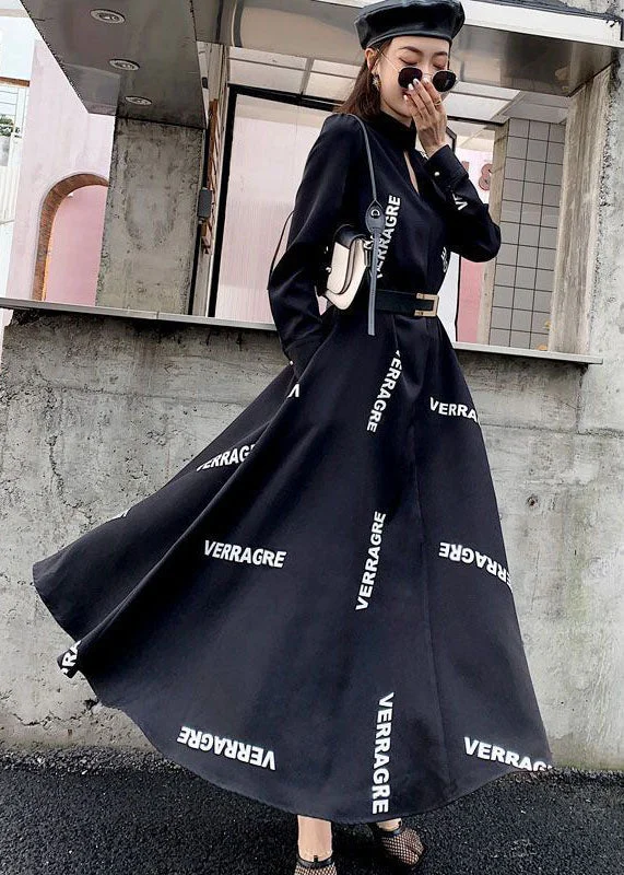 Amazing Deals trendy dressFrench Black Stand Collar Letter Print Exra Large Hem Chiffon Ankle Dresses Spring