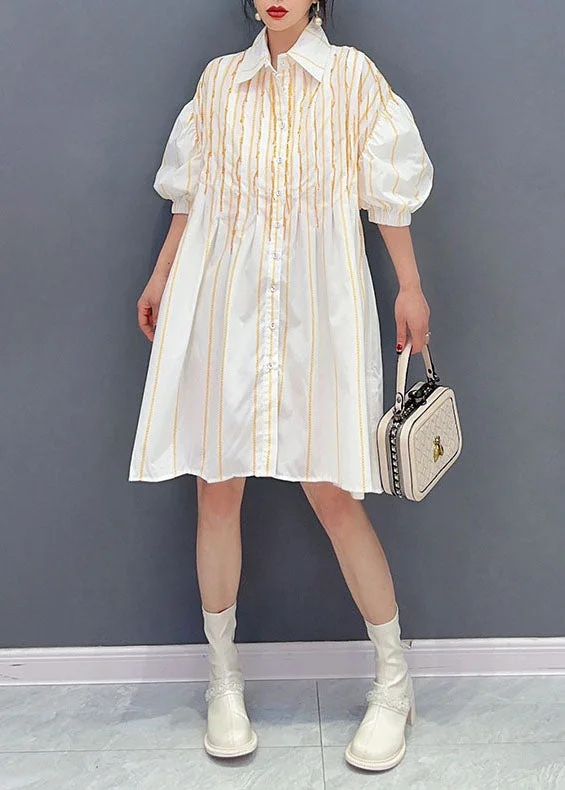 puff sleeve dressSimple White Peter Pan Collar Striped Cotton Shirts Dress Summer