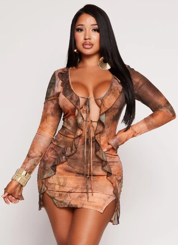 Fantastic Offers ashionable dressRuffle Mesh Tie Front Bodycon Dress