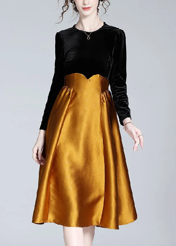 Mega Sale comfy maxi dressCasual Black Patchwork Orange Velour Long Dress Spring