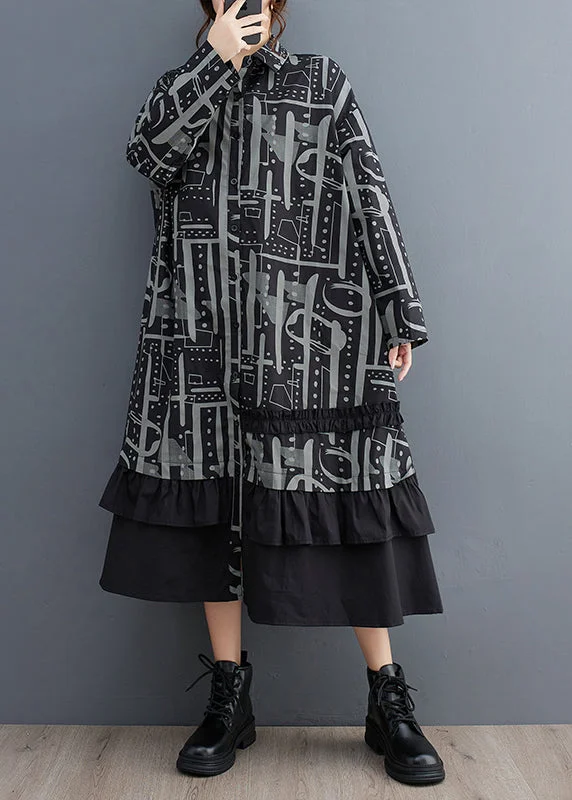 Best Bargains office dressOrganic Black Ruffled Print Cotton Long Dress Fall