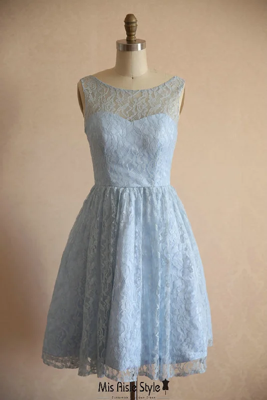 Reduced Prices layered dressKnee length Vintage Light Blue Lace Bridesmaid Dress