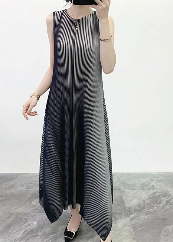 Today Only pleated maxi dressGrey O-Neck Striped Gradient color Long Dress Sleeveless