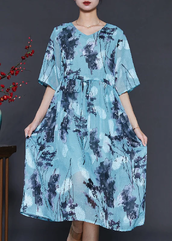 YEAR-End Clearance midi dressFashion Blue Cinched Print Chiffon Long Dresses Summer