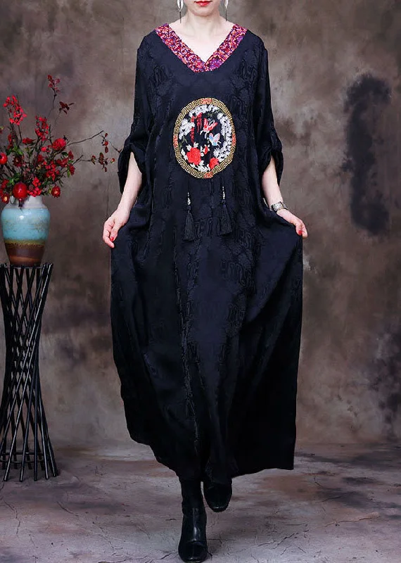 Overstock Sale elegant shift dressVintage Black V Neck Butterfly Embroideried Tassel Silk Long Dresses Long Sleeve Overstock Sale elegant shift dressVintage Black V Neck Butterfly Embroideried Tassel Silk Long Dresses Long Sleeve