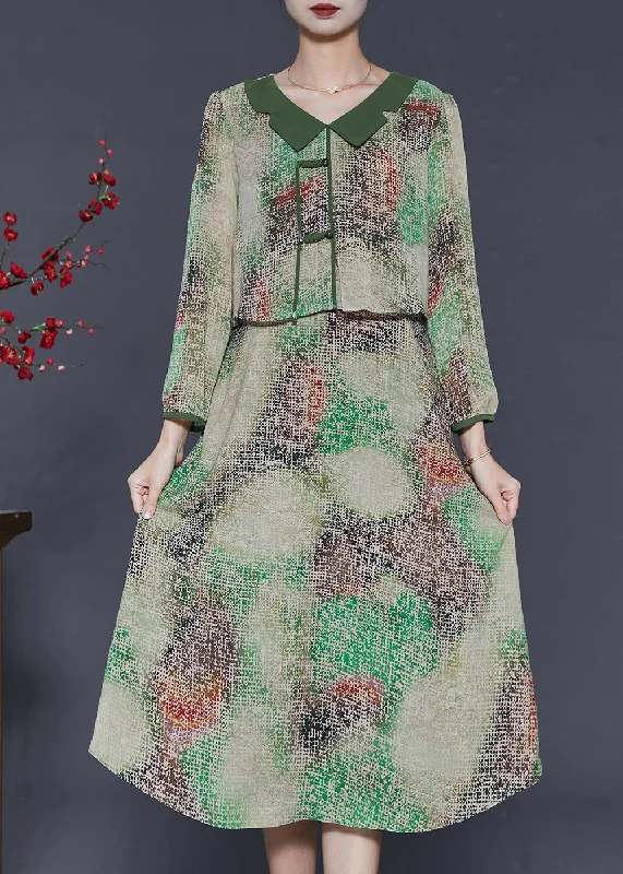 New Deals midi dressVintage Green Tie Dye Chinese Button Chiffon Fake Two Piece Dress Spring New Deals midi dressVintage Green Tie Dye Chinese Button Chiffon Fake Two Piece Dress Spring