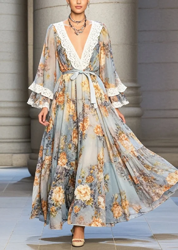 Reduced Prices midi dressLight Blue Patchwork Lace Chiffon Dress Tie Waist Print Fall