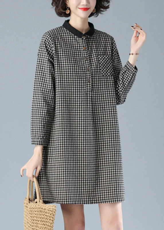 textured dressArt Black Plaid Peter Pan Collar Button Cotton Mid Dress Fall