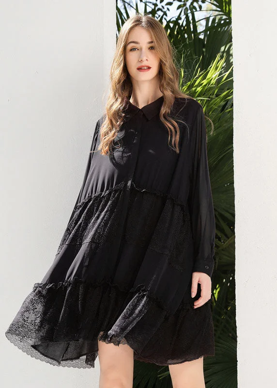 floral dressFashion Black Peter Pan Collar Lace Patchwork Chiffon Holiday Dress Spring