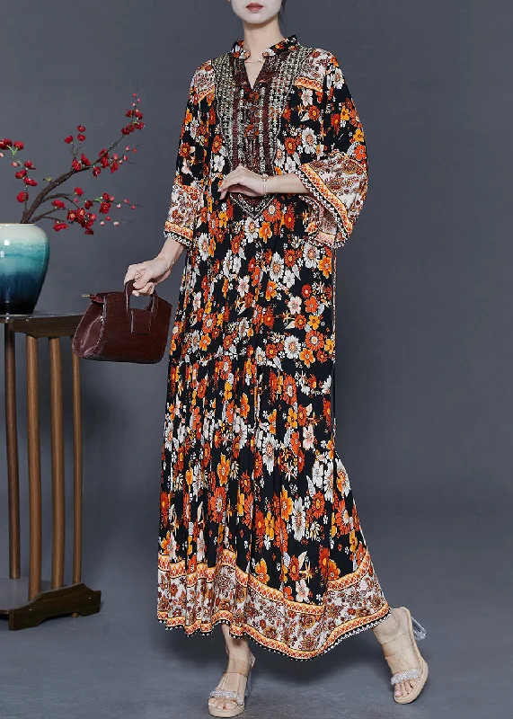 chic dressBlack Print Cotton Long Dresses Oversized Bracelet Sleeve