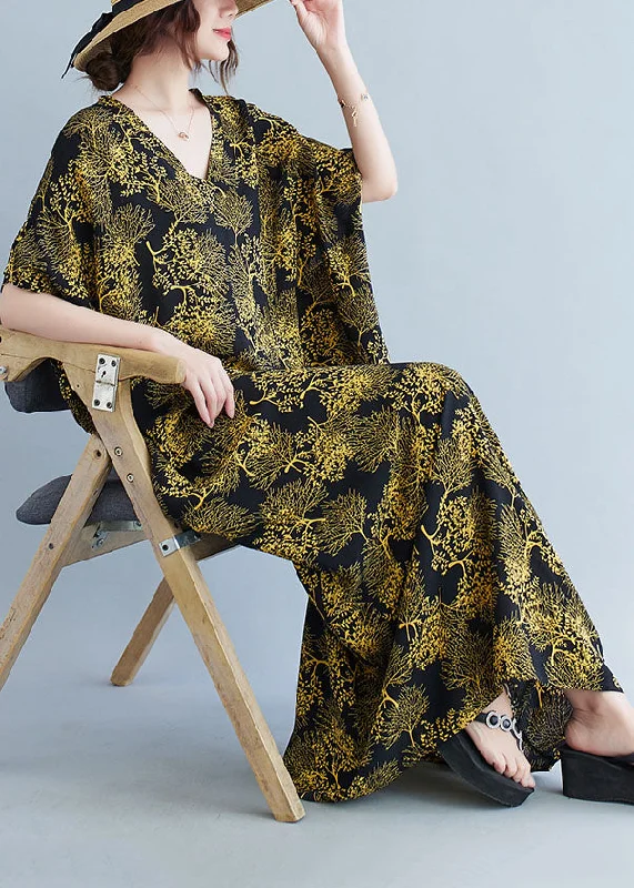 Crazy Savings flowy maxi dressPlus Size Black V Neck Yellow Print Cotton Vacation Dresses Caftan Batwing Sleeve