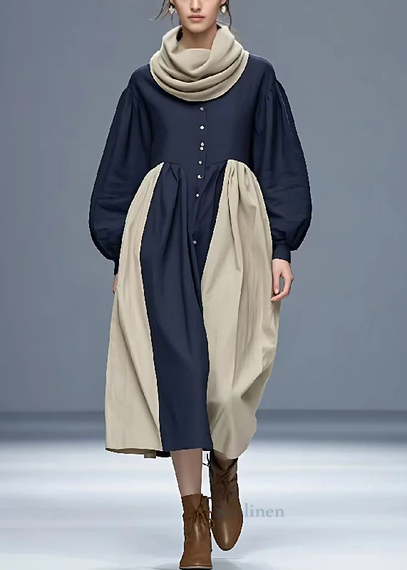 Lowest Price formal dressNew Navy Turtleneck Patchwork Cotton Long Dresses Fall