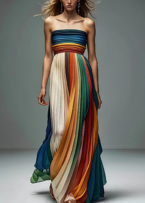 silk dressItalian Gradient Color Backless Chiffon Strapless Pleated Dress Summer