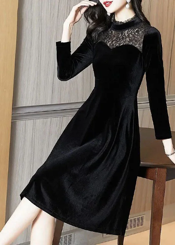 Hurry In boho-chic dressSlim Fit Black Stand Collar Lace Patchwork Silk Velour Party Dress Spring