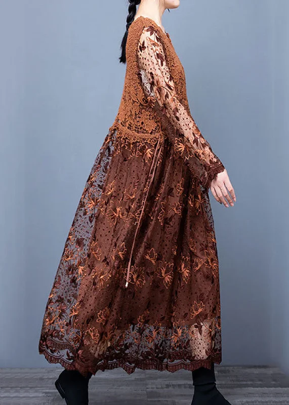 Price Break chic shift dressClassy Coffee Lace Embroideried Patchwork Dresses Spring