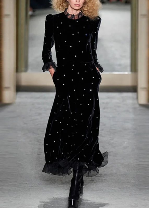 Daily Deals casual evening dressSlim Fit Black Ruffled Diamonds Silk Velour Maxi Dress Long Sleeve Daily Deals casual evening dressSlim Fit Black Ruffled Diamonds Silk Velour Maxi Dress Long Sleeve