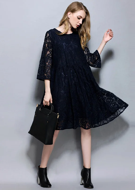 flowy dressNavy Patchwork Lace A Line Dress O-Neck Oversized Summer