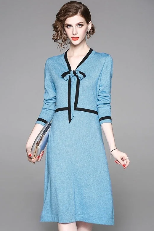 vintage-inspired dressV Neck Sweater Dress W/ Tie