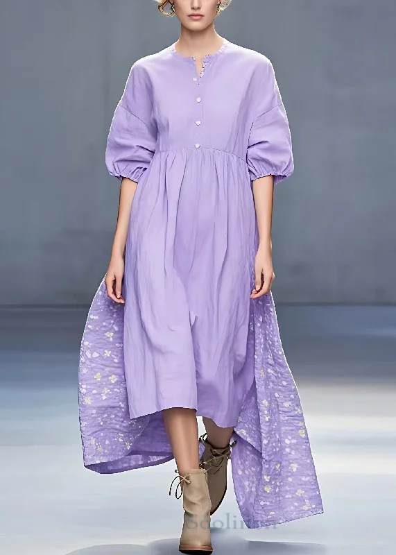 Lowest Price formal dressNew Purple Print Low High Design Cotton Dress Half Sleeve