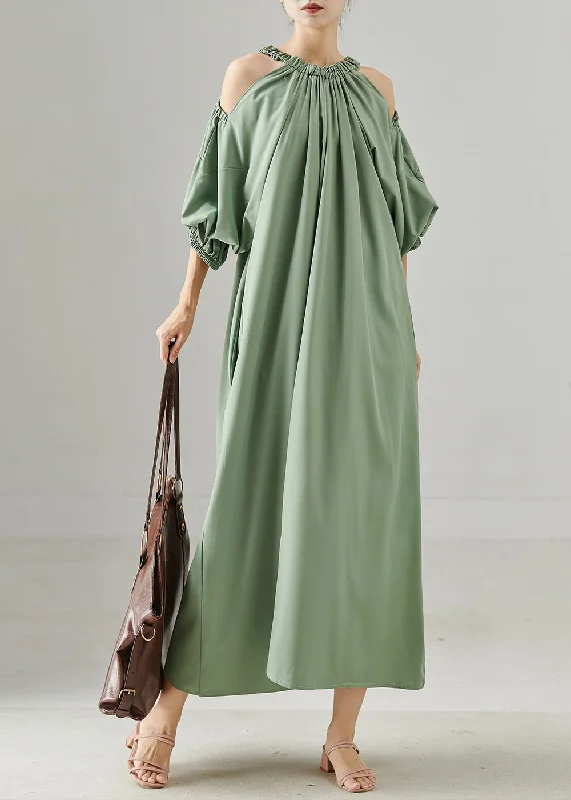 casual shift dressGreen Grey Loose Cotton Maxi Dresses Cold Shoulder Spring