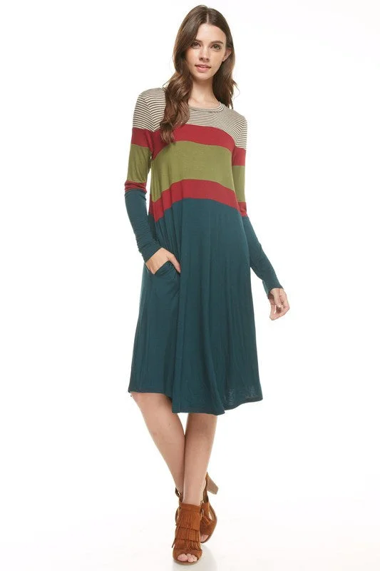 fitted cocktail dressColor Block Stripe Pocket Dress