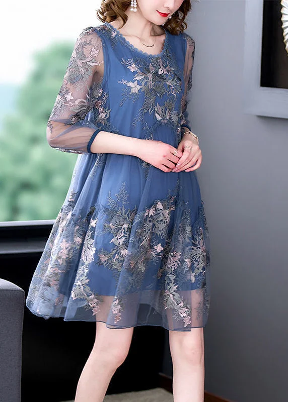 ashionable dressWomen Blue Embroideried Patchwork Ruffled Tulle A Line Dress Summer