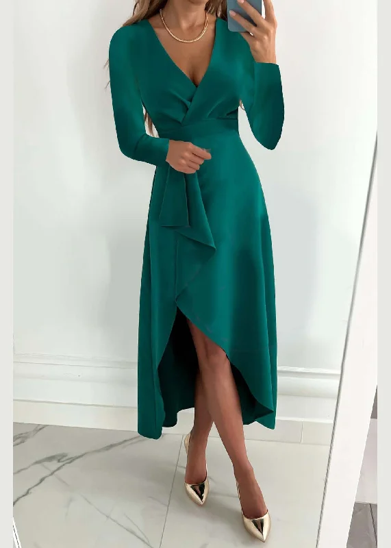 Seasonal Clearance lace dressFrench Green V Neck Asymmetrical Design Side Open Dress Fall Seasonal Clearance lace dressFrench Green V Neck Asymmetrical Design Side Open Dress Fall