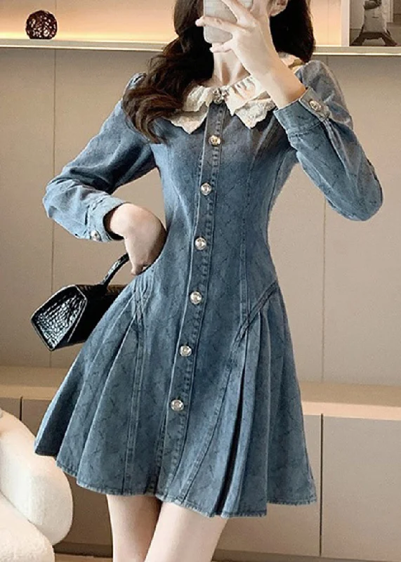 spaghetti strap dressSlim Fit Blue O-Neck Lace Patchwork Button Denim Mid Dress Long Sleeve