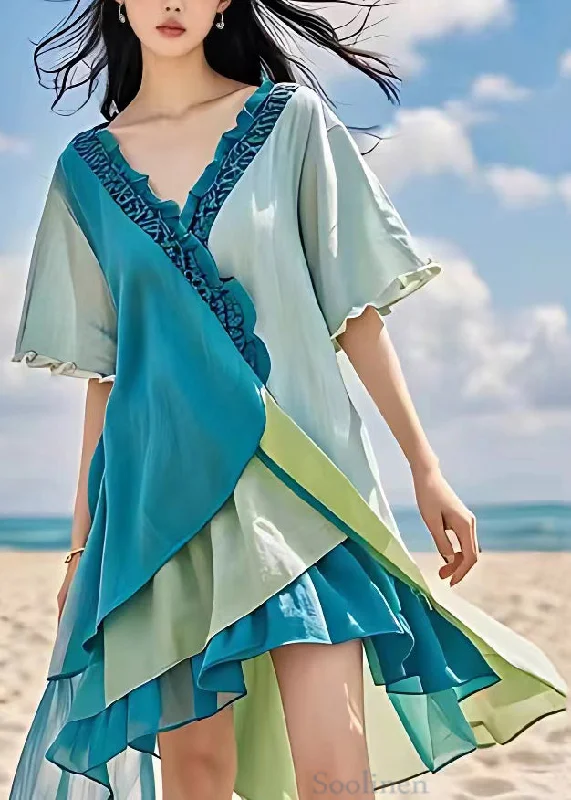 Best Bargains flowy dressArt Blue Ruffled Low High Design Cotton Dresses Summer