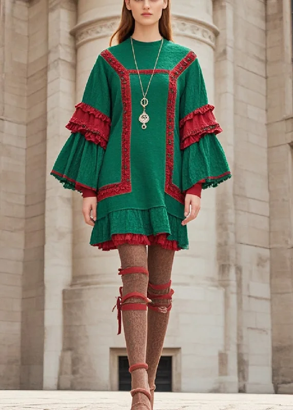 form-fitting dressStylish Green Ruffled Patchwork Cotton Day Dress Flare Sleeve