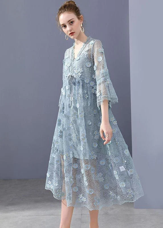 Limited Availability fitted bodycon dressSimple Blue Embroideried Floral Hollow Out Lace Dress Flare Sleeve