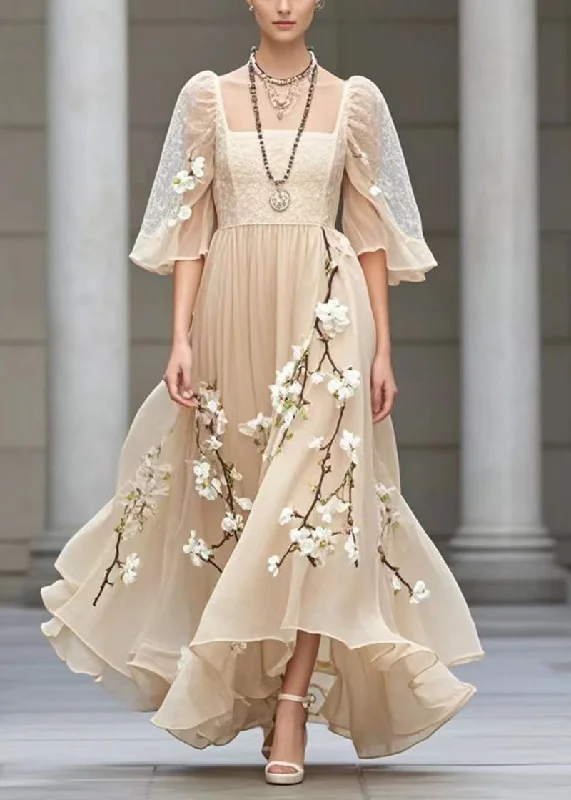 Loyalty Reward casual slip dressBeautiful Khaki Puff Sleeve Three-dimensional Plum Blossom Chiffon Sundress