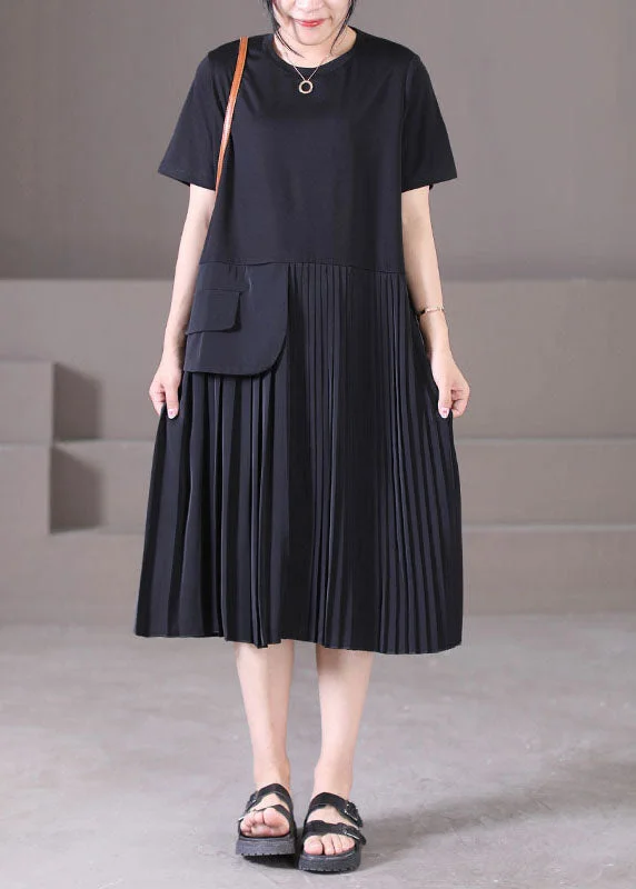 Reduced Prices modern dressStyle Black O-Neck Wrinkled Patchwork Chiffon Pleated Dresses Short Sleeve