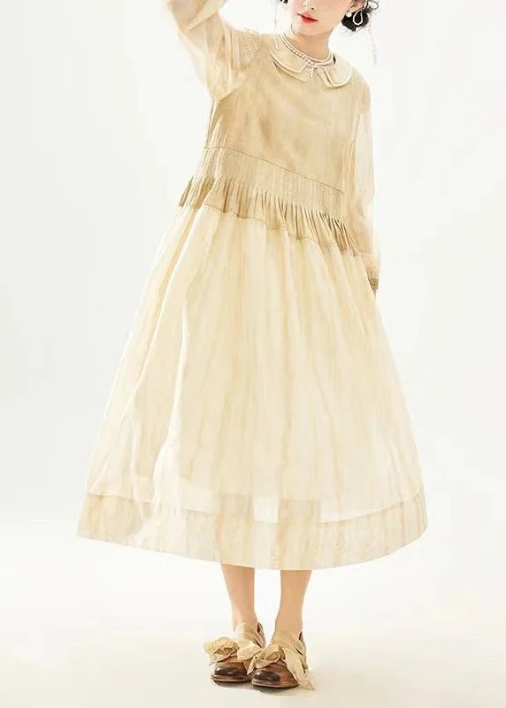 YEAR-End Sale mini dressWomen Khaki Double Layer Wrinkled Patchwork Cotton Long Dress Long Sleeve YEAR-End Sale mini dressWomen Khaki Double Layer Wrinkled Patchwork Cotton Long Dress Long Sleeve