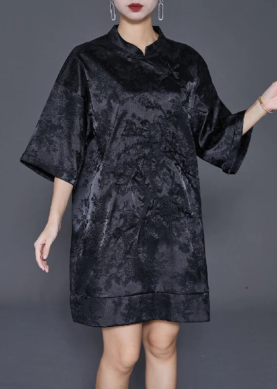 casual evening dressFine Black Embroideried Chinese Button Silk Mini Dress Half Sleeve