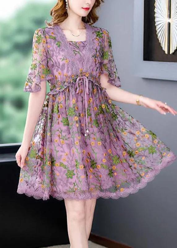 tiered dressStyle Purple Embroideried Lace Up Lace Maxi Dresses Summer