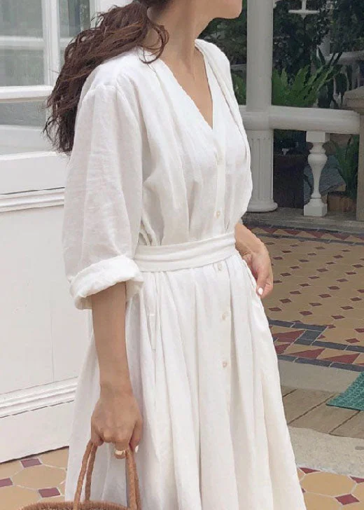 Grand Opening Sale relaxed fit dressSimple White V Neck Tie Waist Patchwork Cotton Dress Spring