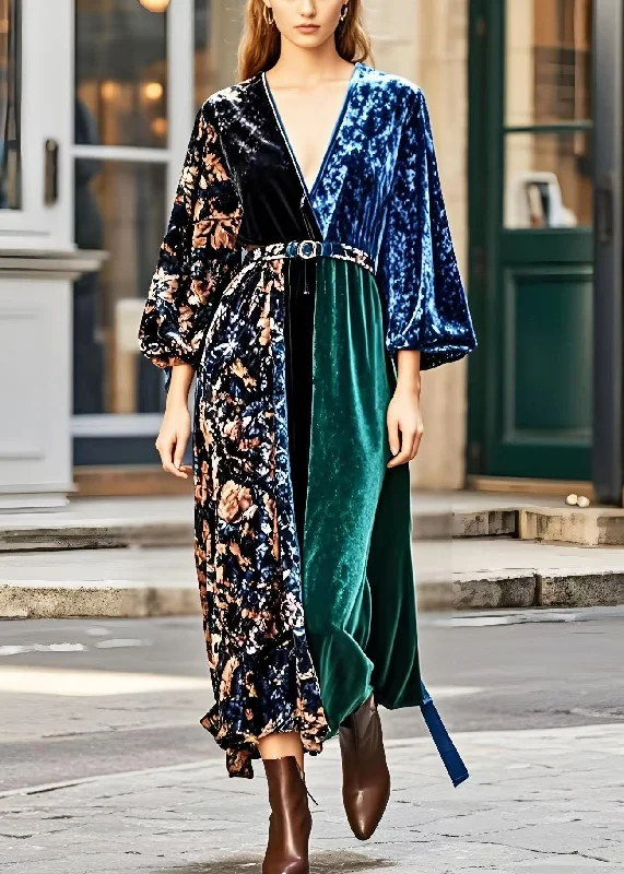 modern dressElegant V Neck Patchwork Print Silk Velvet Dress Spring