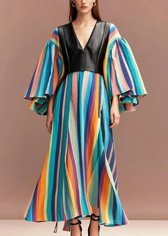 puff sleeve dressBoho Rainbow Striped Patchwork PU Cotton Maxi Dresses Flare Sleeve