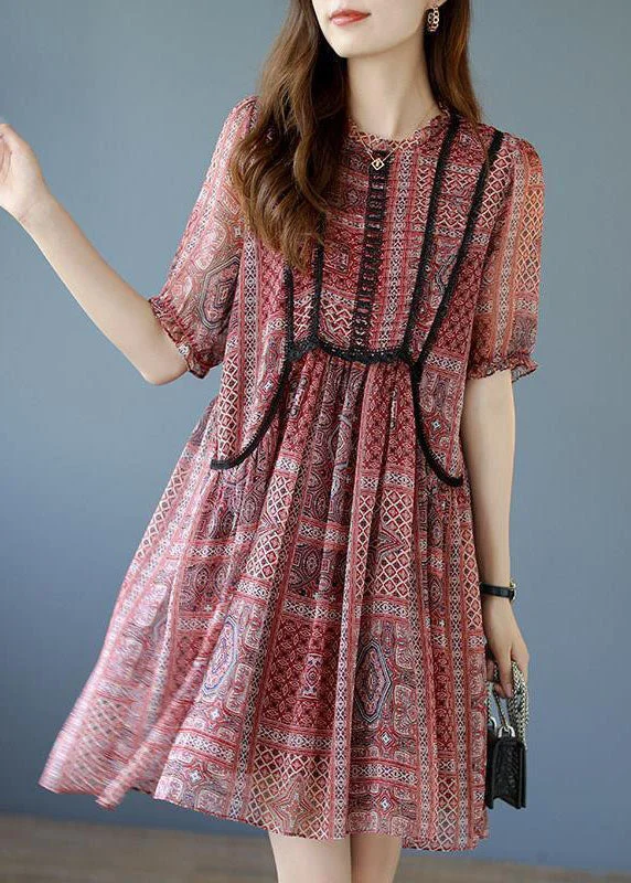 relaxed fit dressRed Patchwork Lace Chiffon A Line Dresses O-Neck Summer