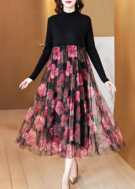 Can't Miss flowy dressBoutique Black High Neck Patchwork Tulle Print Knit Maxi Dresses Spring