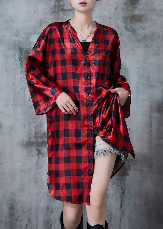 pleated dressBohemian Red Oversized Plaid Shirt Dresses Spring