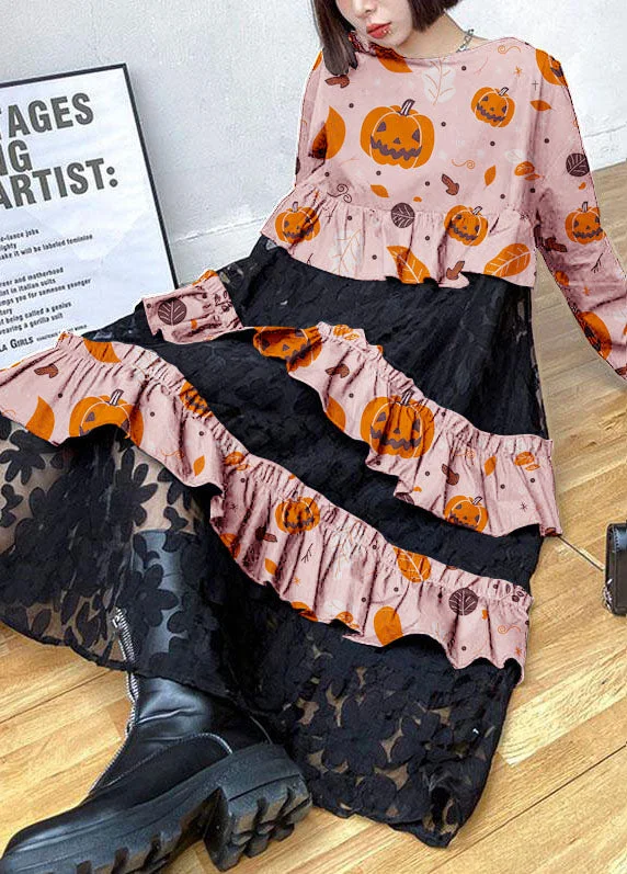 elegant evening dressBohemian pink-pumpkin Ruffles  Fall Lace Dresses