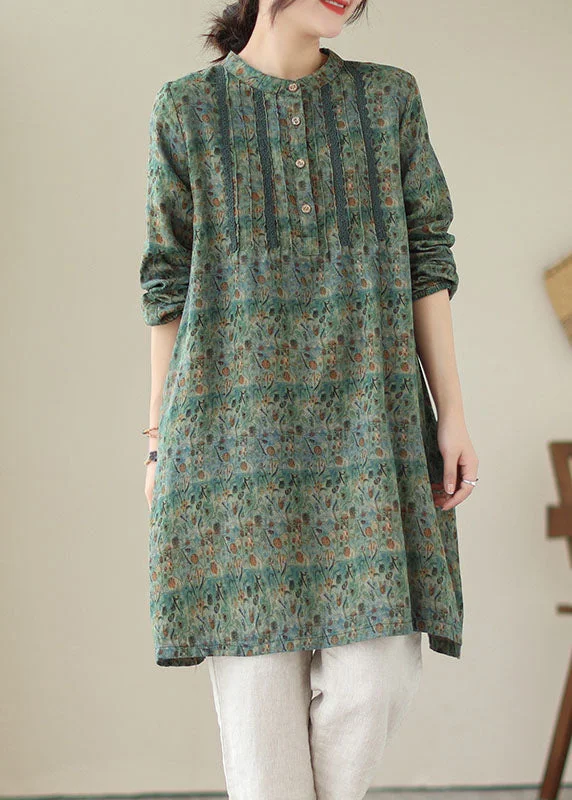 high-waisted dressGreen Patchwork Cotton Mid Shirts Dress Wrinkled Long Sleeve