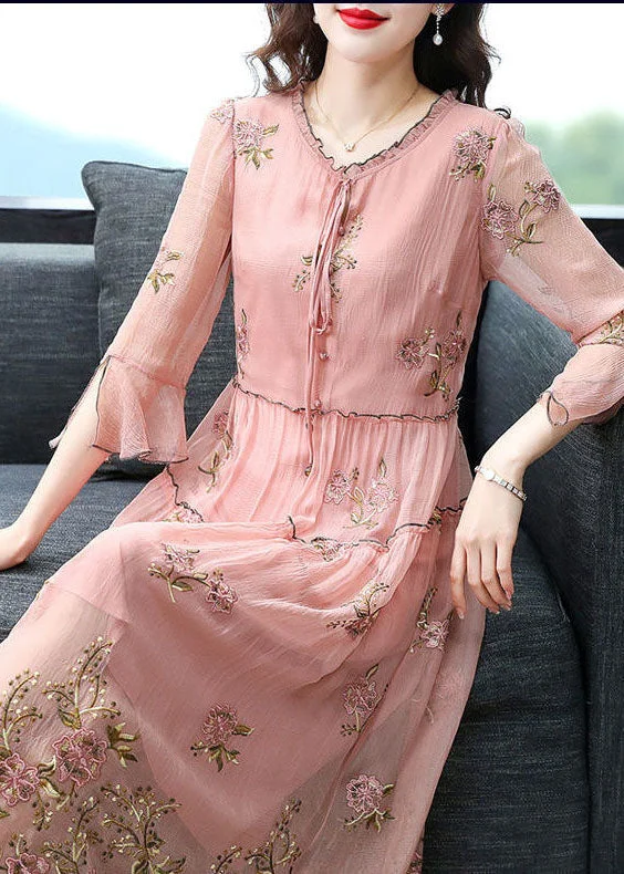 Year-End Sale A-line dressFrench Pink Ruffled Collar Embroideried Silk Maxi Dresses Flare Sleeve