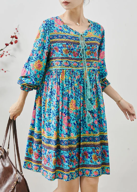 Discount Deals long sleeve dressBlue Print Cotton Holiday Dress Tasseled Fall
