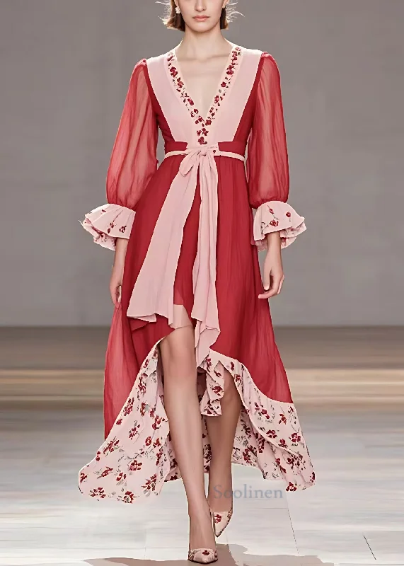 Don't Miss casual evening dressItalian Red V Neck Print Low High Design Cotton Dress Flare Sleeve Don't Miss casual evening dressItalian Red V Neck Print Low High Design Cotton Dress Flare Sleeve
